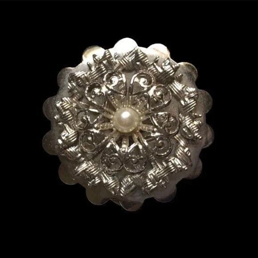 Vintage Dress Clip Silver Tone Faux Pearl Flower Design Art Nouveau Style